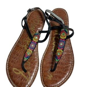 Sam Edelman Gigi leather multi color embroidery black T Strap thong sandals 7.5
